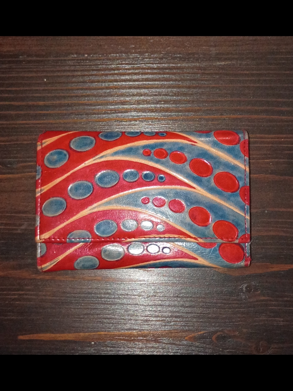Leather Wallet in Red and Blue with Wave Dot Pattern